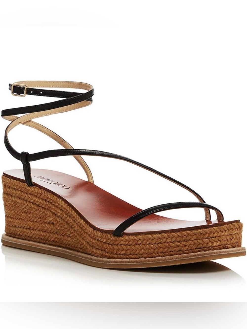 Jimmy Choo Drive 60 Leather Strappy Espadrille Wedge Sandal Black 37.5 7.5 New